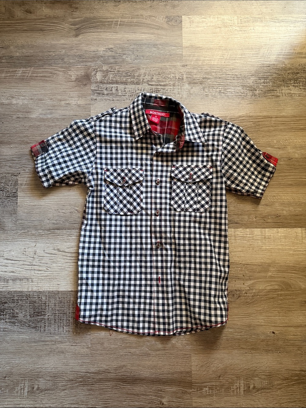 Montage by Mon Cheri Black & White Gingham Button-Down Shirt with Red Trim